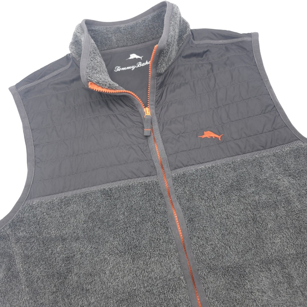 Tommy Bahama Mens Large Grey Cascade Cozy Fleece Full Zip Vest Orange Trim - Picture 1 of 11